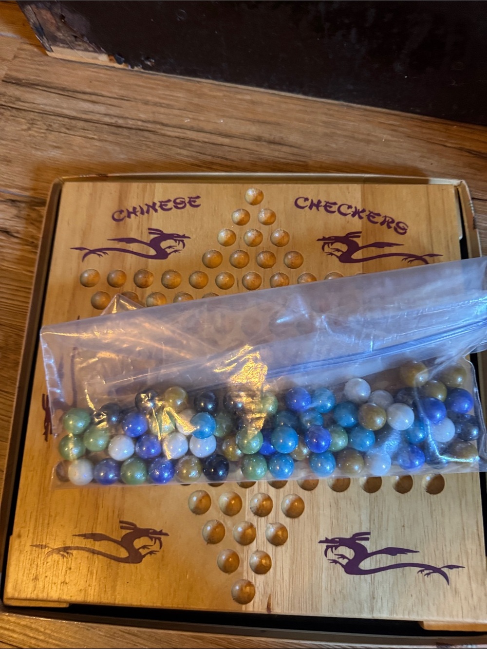 Wooden Chinese Checkers Set with Assorted Marble Pieces